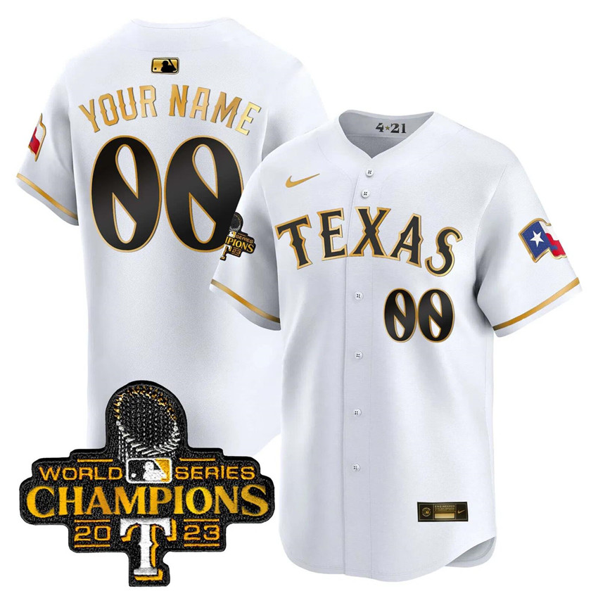 Men's White Texas Rangers Active Player Custom Gold 2023 World Series Champions Stitched Baseball Jersey